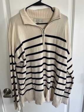 LOFT Cream & Navy Striped Quarter-Zip Sweater